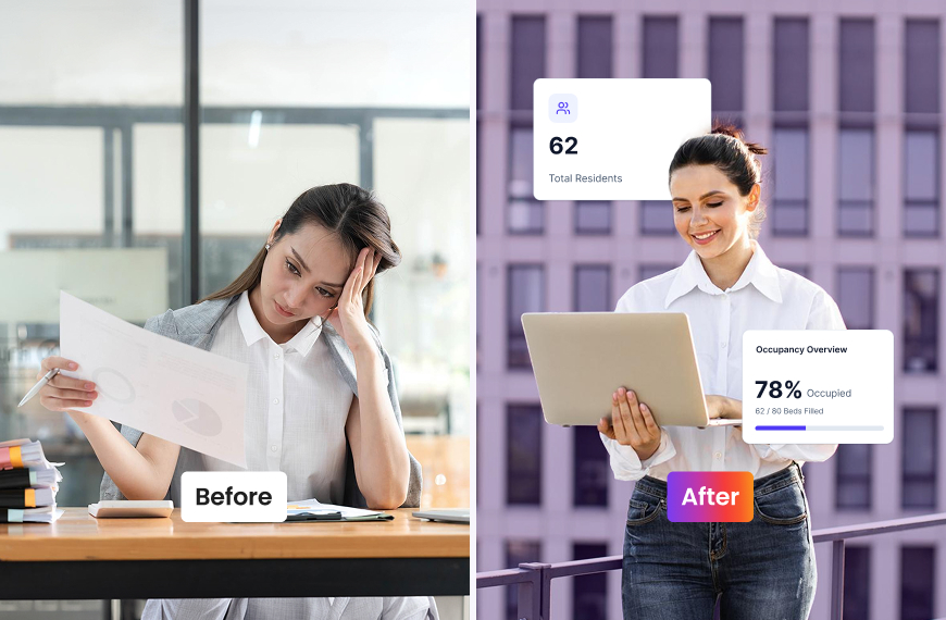 Before and after illustration comparing manual spreadsheet-based housing management with modern transitional housing software showing organized digital workflows