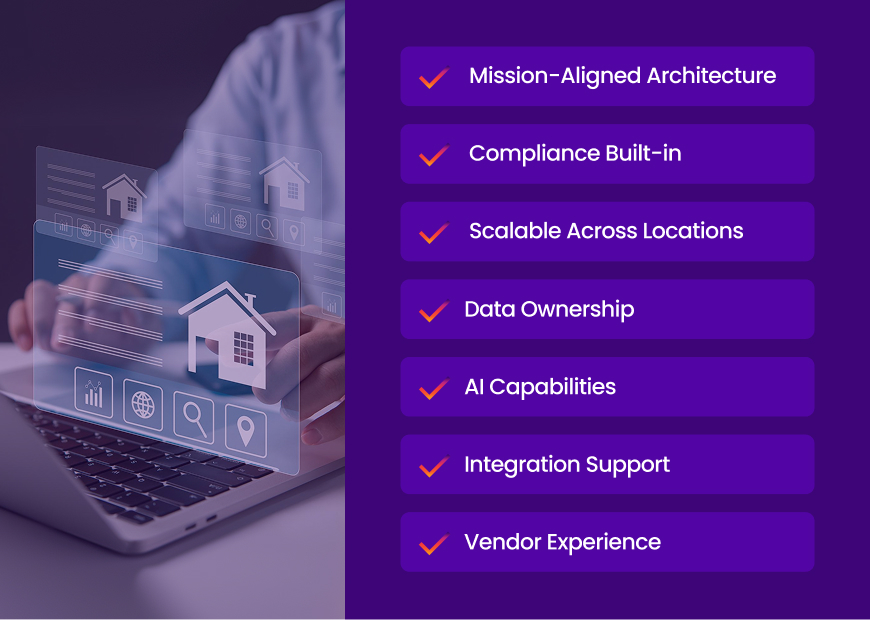 Checklist for evaluating transitional housing software: mission alignment, compliance automation, scalability, data ownership, AI capabilities, integration support, and vendor experience